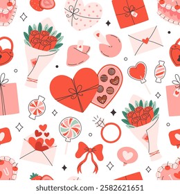 Seamless pattern with cute Valentines Day elements. Print for wallpaper, wrapping paper, textile, banners. Vector illustration in flat style