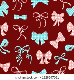 Seamless pattern. Cute a variety of bows. Red background. Vector
