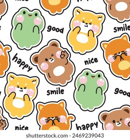 Seamless pattern of cute various animal with text on white background.Shiba inu dog,frog,cat,teddy bear.Animal character cartoon design.Image for card,poster,baby cothing.Zoo.Kawaii.Illustration.