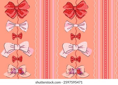 Seamless pattern with cute various bows and stripes. Red, pink ribbons on coral background. Striped pattern. Hand drawn vector illustration. Textures for wallpaper, wrapping paper, textile design
