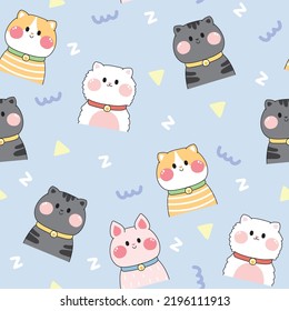 Seamless pattern of cute various cat on blue background.Pet character cartoon design.