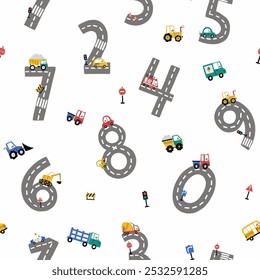 Seamless pattern with cute various colored cars and cartoon numbers from 1 to 9 on a white background. Drawing for children's textiles with cars and vehicles for boys. Kids car background. 