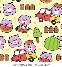 Seamless pattern of cute various poses hippopotamus background.Nature.Farm truck,watermelon,tree,flower,fence hand drawn.Mammal animal character cartoon design.Kawaii.Vector.Illustration.