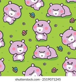 Seamless pattern of cute various poses hippopotamus on grass background.Nature.Flower.Butterfly.Mammal animal character cartoon design.Kawaii.Vector.Illustration.