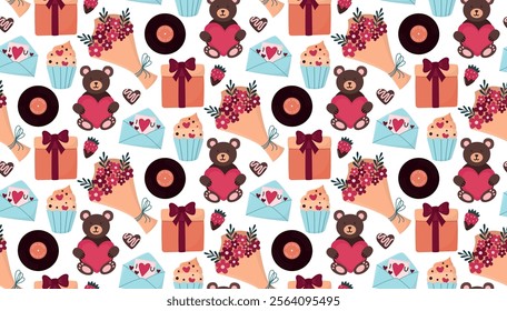 Seamless pattern with cute various trifles and gifts for Valentine's Day. Lovely romantic background with bouquet, teddy bear, candies, card, cupcake etc