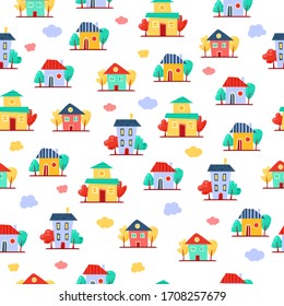 Seamless pattern with cute vector cartoon houses of different colors with trees. Bright funny building background. European street. Colorful town elements. Your sweet home. Traditional architecture