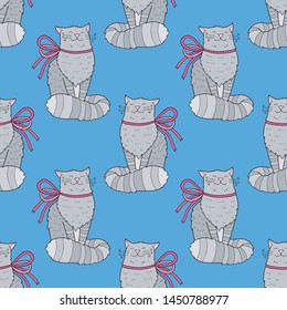 Seamless pattern with cute vector cat illustration. Happy closed eyes. With a bow. Maine Coon. Sitting.