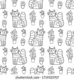Seamless pattern with cute vector cat illustration. Sitting. With flowers. Plants in pots. Outline illustration perfect for coloring book or page for kids or adults