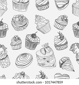 seamless pattern of cute vector cupcakes and muffins