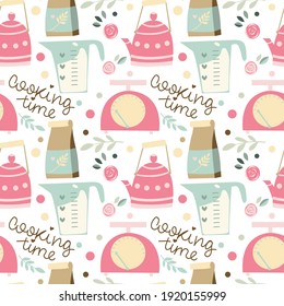 Seamless pattern with cute vector elements. Hand drawn illustrations: teapot, baking flour, cooking stuff, flowers.