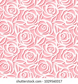 Seamless pattern. Cute vector illustration of roses with leaves on pink background. Origami style. Paper cut pattern. 
