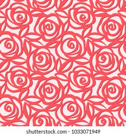 Seamless pattern. Cute vector illustration of red roses with leaves. Origami style. Paper cut pattern.