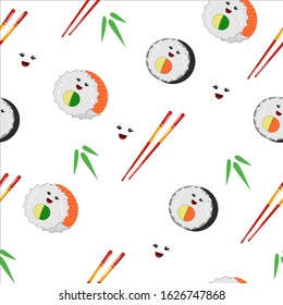 Seamless pattern with cute vector illustration of Japanese cuisine. Kawaii rolls, chopsticks and bamboo leaves. Cartoon emoji, manga style isolated on white