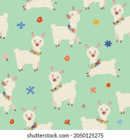 Seamless pattern of cute vector illustration with lama or alpaca and flowers on green pastel background. Creative childish texture. Backdrop for wallpaper, print, textile, fabric, wrapping