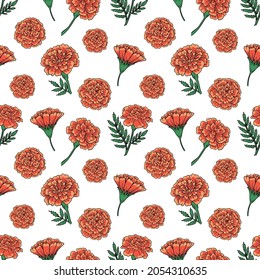 Seamless pattern with cute vector marigold flower. Illustration for El Dia de Los Muertos. La muerte celebration. Halloween pattern on a white background