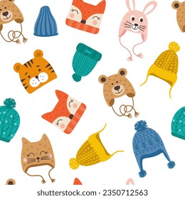 Seamless pattern with cute vector winter hats for boys and girls in cold weather. Clothes for winter and autumn. Vector illustration.