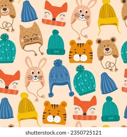 Seamless pattern with cute vector winter hats for boys and girls in cold weather. Clothes for winter and autumn. Vector illustration.