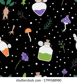 Seamless pattern with cute vector witchcraft elements. Digital paper with magic potion making objects. Halloween icons background. Funny autumn all saints eve texture with cauldron, herbs, bottles.

