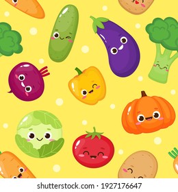 Seamless pattern with cute vegetables. Cartoon cabbage, cucumber, carrot, broccoli, tomato, pepper for kids. Food vector illustration