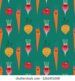 Seamless pattern of cute vegetables including carrots, radishes, and yellow beats with faces and bows on a green background. Great for textile print, invitations, or packaging. Vector file.