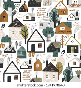 Seamless pattern with cute village houses, trees. Childish texture. Great for fabric, textile Vector Illustration