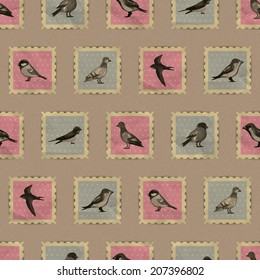 Seamless pattern with cute vintage bird stamps