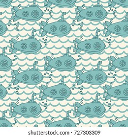 Seamless pattern with cute vintage blue submarines on white background, vector illustration