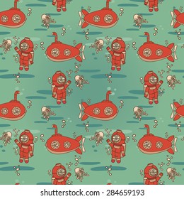 Seamless pattern with cute vintage submarines, jellyfishes and divers, vector illustration