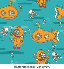 Seamless pattern with cute vintage submarines, jellyfishes and divers, vector illustration