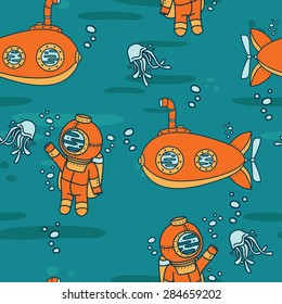 Seamless pattern with cute vintage submarines, jellyfishes and divers, vector illustration