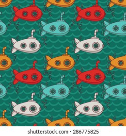 Seamless pattern with cute vintage submarines, vector illustration