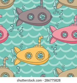 Seamless pattern with cute vintage submarines, vector illustration