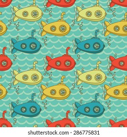 Seamless pattern with cute vintage submarines, vector illustration