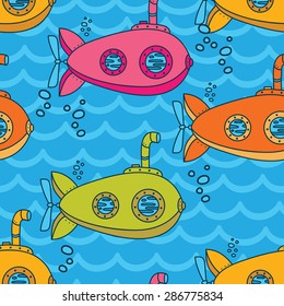 Seamless pattern with cute vintage submarines, vector illustration