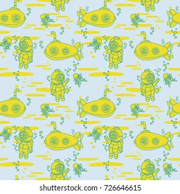 Seamless pattern with cute vintage submarines, jellyfishes and divers, vector illustration