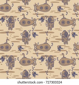 Seamless pattern with cute vintage submarines, jellyfishes and divers, vector illustration