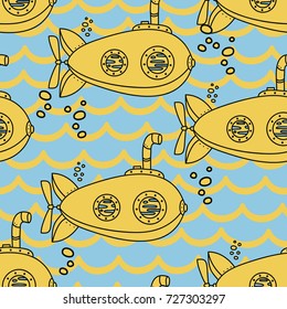 Seamless pattern with cute vintage yellow submarines, vector illustration