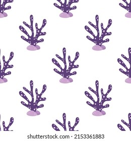 seamless pattern with cute violet coral in cartoon style, sea life, childish vector illustration