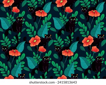 Seamless pattern, cute wallpaper with black cats, kittens among plants. Pretty design with cartoon animals, hand drawn flowers, leaves. Children's textiles, wallpaper print. Vector illustration.