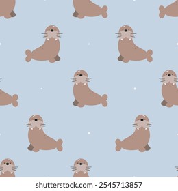 Seamless pattern with cute walrus. Flat vector background. Winter design. Creative texture for fabric, wrapping, textile, wallpaper, apparel.
