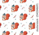 Seamless pattern with cute warm clothed squirrel. Xmas backgrounds. Cartoon winter animals pattern. 