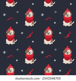 Seamless pattern with cute warm clothed dog. Xmas backgrounds. Cartoon winter animals pattern. 