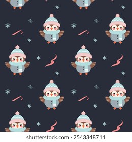 Seamless pattern with cute warm clothed owl. Christmas Winter backgrounds. Cartoon animals pattern. 