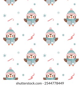 Seamless pattern with cute warm clothed owl. Christmas Winter backgrounds. Cartoon animals pattern. 