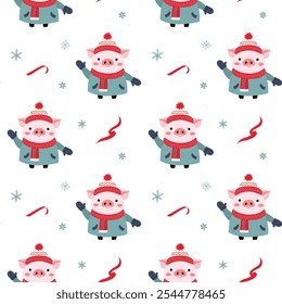 Padrão sem costura com bonito porco vestido quente. Planos de fundo Xmas. Padrão de desenhos animados de inverno. 