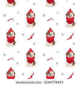 Seamless pattern with cute warm clothed dog. Xmas backgrounds. Cartoon winter animals pattern. 