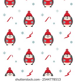Seamless pattern with cute warm clothed hedgehog. Xmas backgrounds. Cartoon winter animals pattern. 