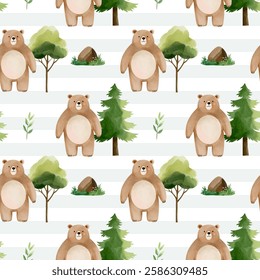 Seamless pattern with cute watercolor bear and pine. Forest wildlife backgrounds. Watercolor woodland