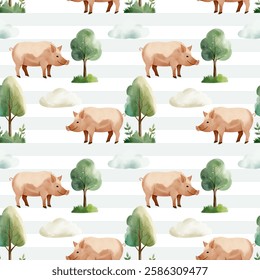 Seamless pattern with cute watercolor boar and clouds. Forest wildlife backgrounds. Watercolor woodland