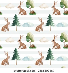 Seamless pattern with cute watercolor bunny, pine and clouds. Forest wildlife backgrounds. Watercolor woodland